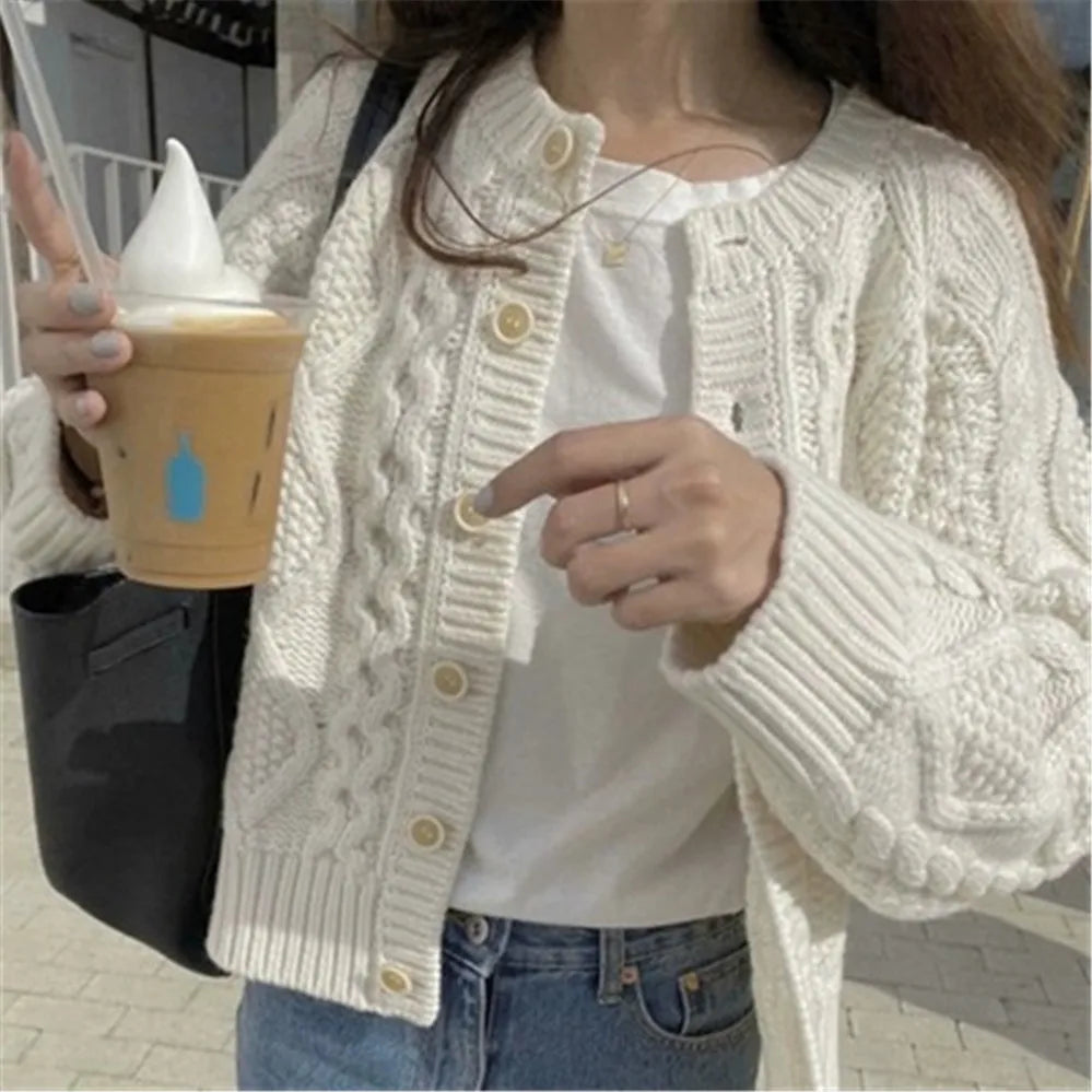 mvrsgreen - Women Knitted Cardigan Sweater Korean Autumn Winter Cardigan Sweater Coat Round Neck Single Breasted Loose Long Sleeve Coat