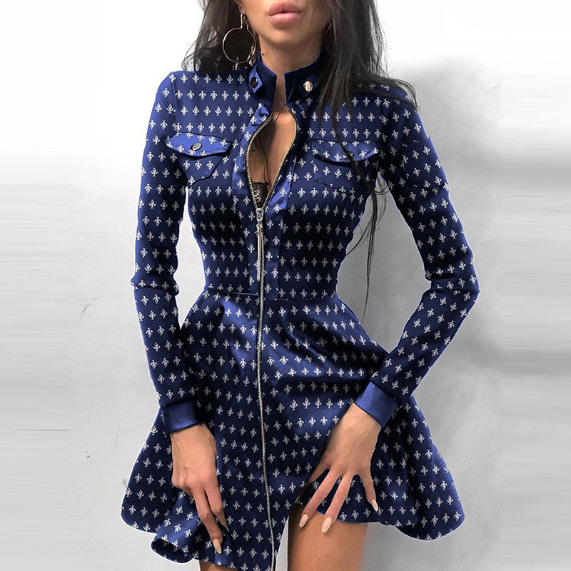 Sexy Stand Collar Print Zipper Long Sleeves Mini Dress Casual Autumn Winter Fashion Pocket Pu Leather Dress Elegant Slim Dresses