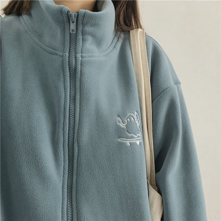 mvrsgreen Casual Fleece Thick Hoodies Women Jacket Autumn Winter Korean Fashion Loose Stand Collar Plush Zipper Sweatshirt Outwear Hoodies