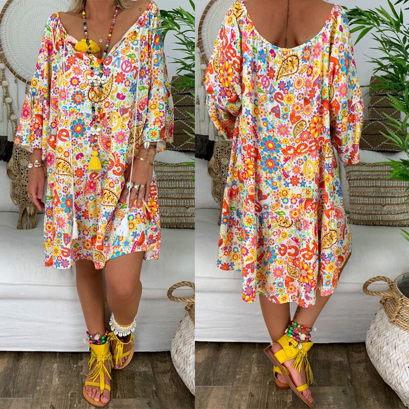 lovwvol Helisopus Summer Plus Size Women Boho Floral Print Dress Casual Loose Deep V Neck Holiday Beach Shirt Dress Vestido