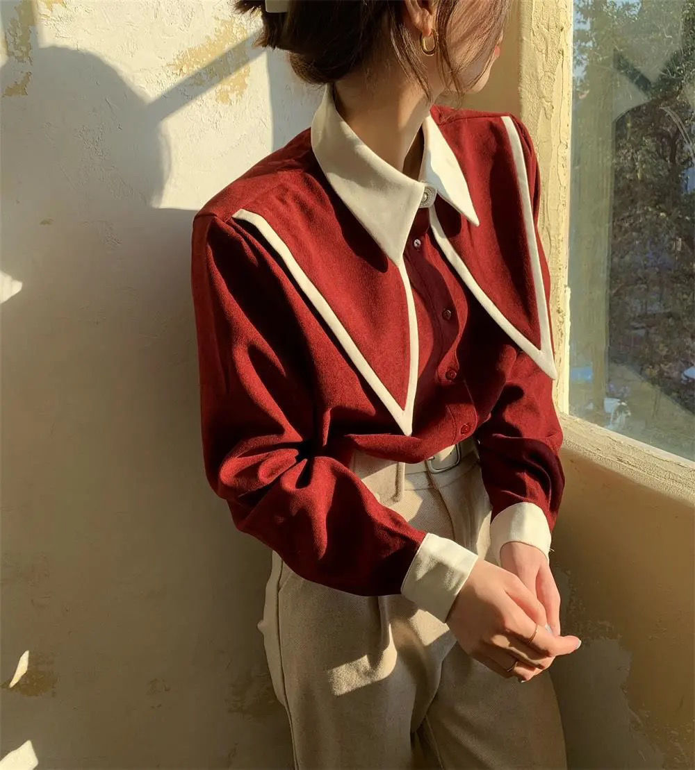 mvrsgreen alt black girl going out?classic style women edgy style church outfit brunch outfit cute spring outfitsRed Button Up Shirt White Sharp Ruffle Turn Down Collar Blouse Women Tops Korean Fashion Clothing Office Lady Work Shirts Blusas