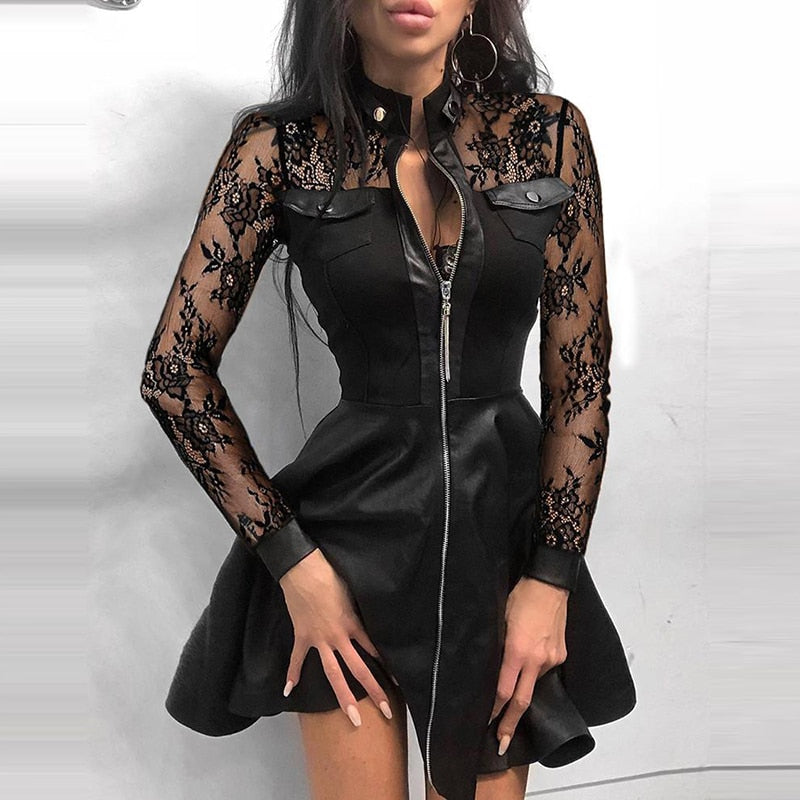 Sexy Stand Collar Print Zipper Long Sleeves Mini Dress Casual Autumn Winter Fashion Pocket Pu Leather Dress Elegant Slim Dresses