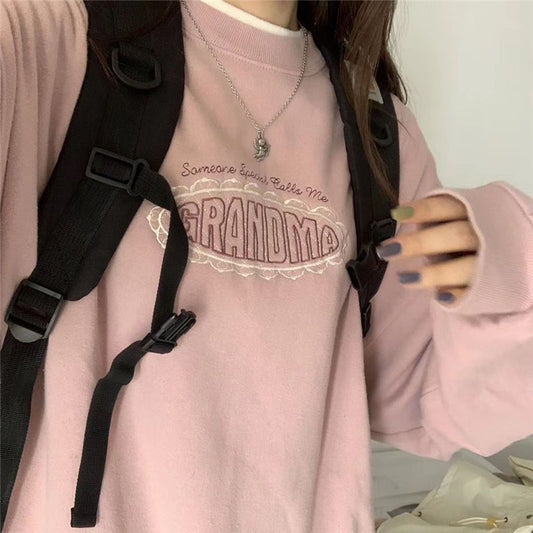 mvrsgreen alt black girl going out classic style women edgy style church outfit brunch outfit cute spring outfits Vintage shirts for women autumn winter Korean retro loose meat pink double collar letter embroidery plus velvet thick sweatshirt