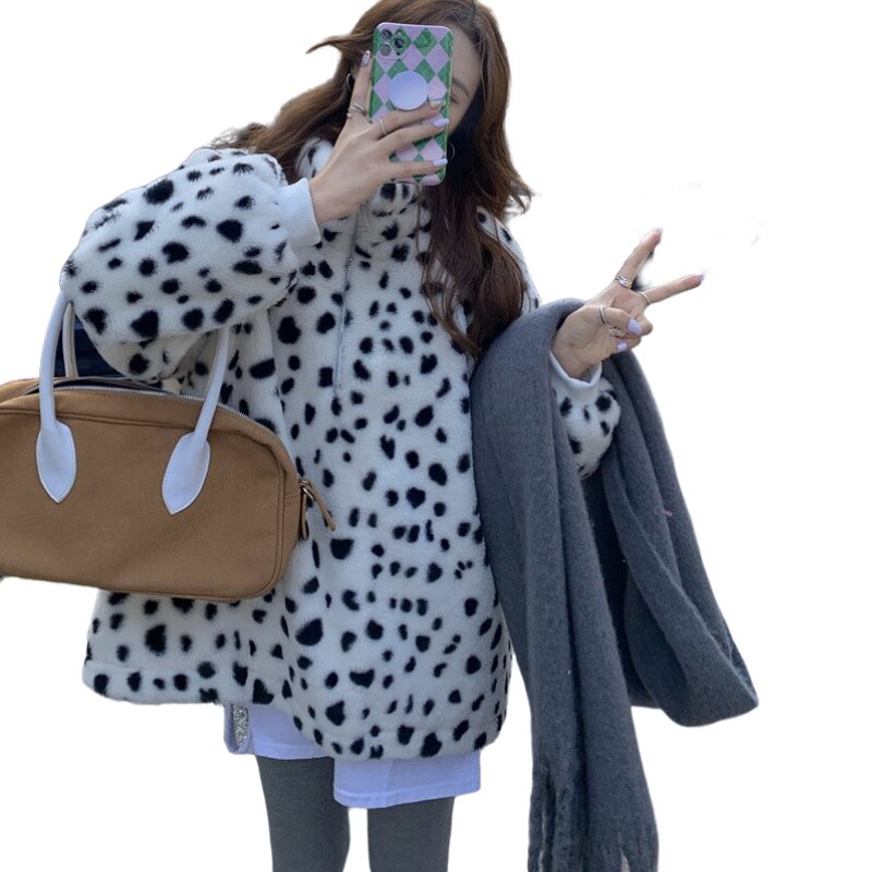 mvrsgreen  Korean Leopard Casual Zipper Coat For Women'S Clothes Autumn Winter Thick Warm Long-Sleeved Plush Jackets