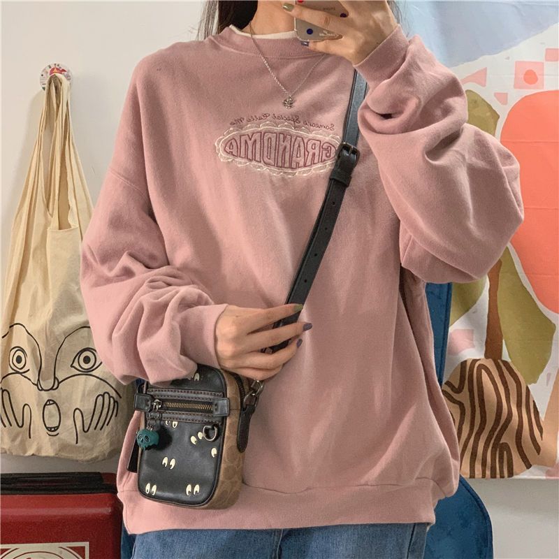 mvrsgreen alt black girl going out classic style women edgy style church outfit brunch outfit cute spring outfits Vintage shirts for women autumn winter Korean retro loose meat pink double collar letter embroidery plus velvet thick sweatshirt