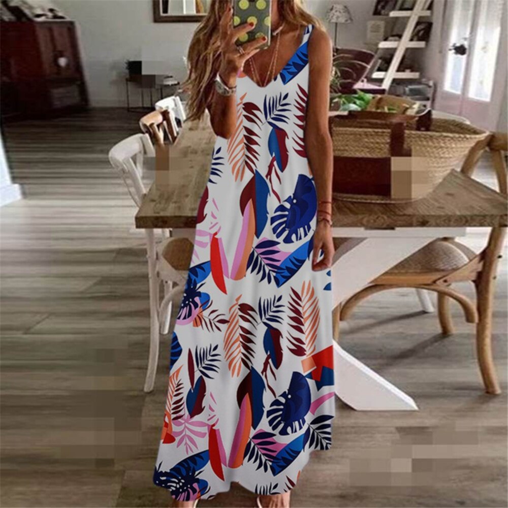 Women Dress Summer Casual Sleeveless Halter Solid Beach Long Dress Round Neck Sling Fashion Beach Clothes Plus Size 5XL