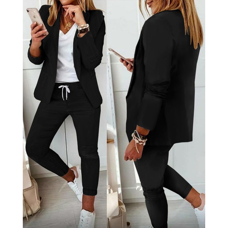 mvrsgreen Valentine's Day Office Lady Black Solid Lapel Neck Blazer Coat Jacket & Drawstring Ankle Length Pants 2 Piece Set Women Autumn Winter Clothes