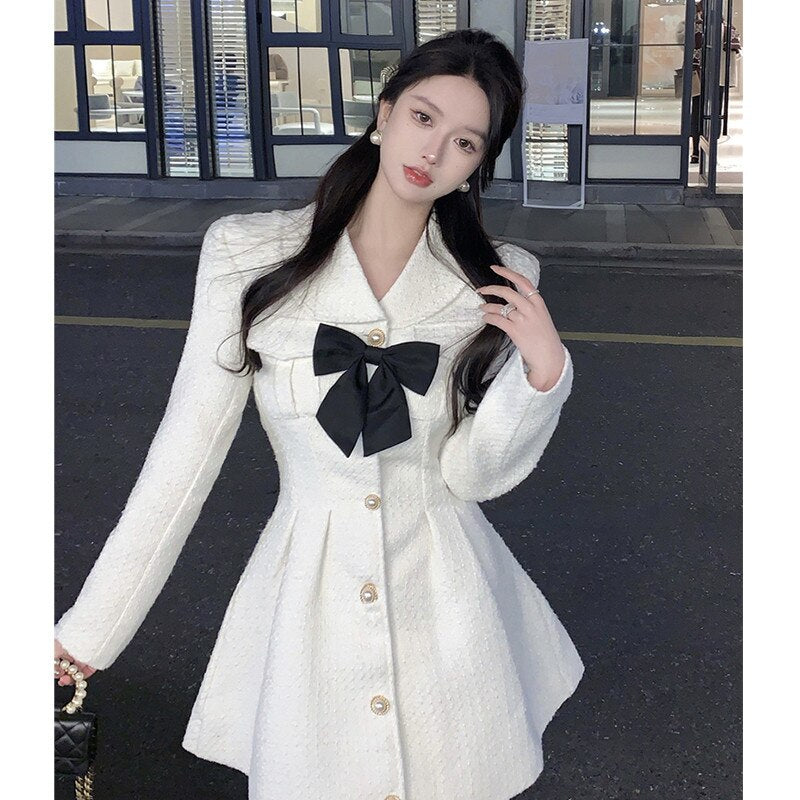 Women Fashion Spring Fall Long Sleeve Woolen Dress Vintage Cute Bow A Line Mini Dress Elegant Lady High Waist Slim Party Dress