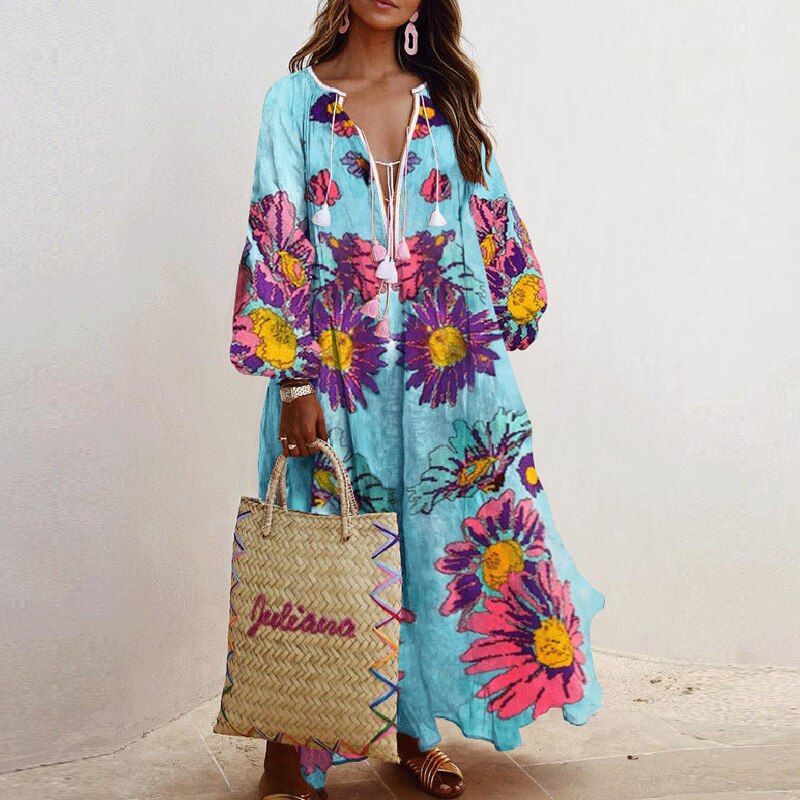 lovwvol Spring Elegant Floral Print Tassel Long Party Dress Vintage Long Lantern Sleeve Ladies Dresses Women V Neck Casual Loose Dress