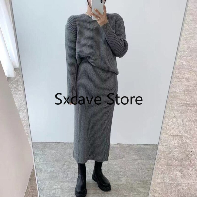 mvrsgreen alt black girl  going out Winter 2 Piece Dress Set Women Elegant Knitted Suits Sweater Korean Style Solid Pullover + Casual Midi Dress Tracksuits