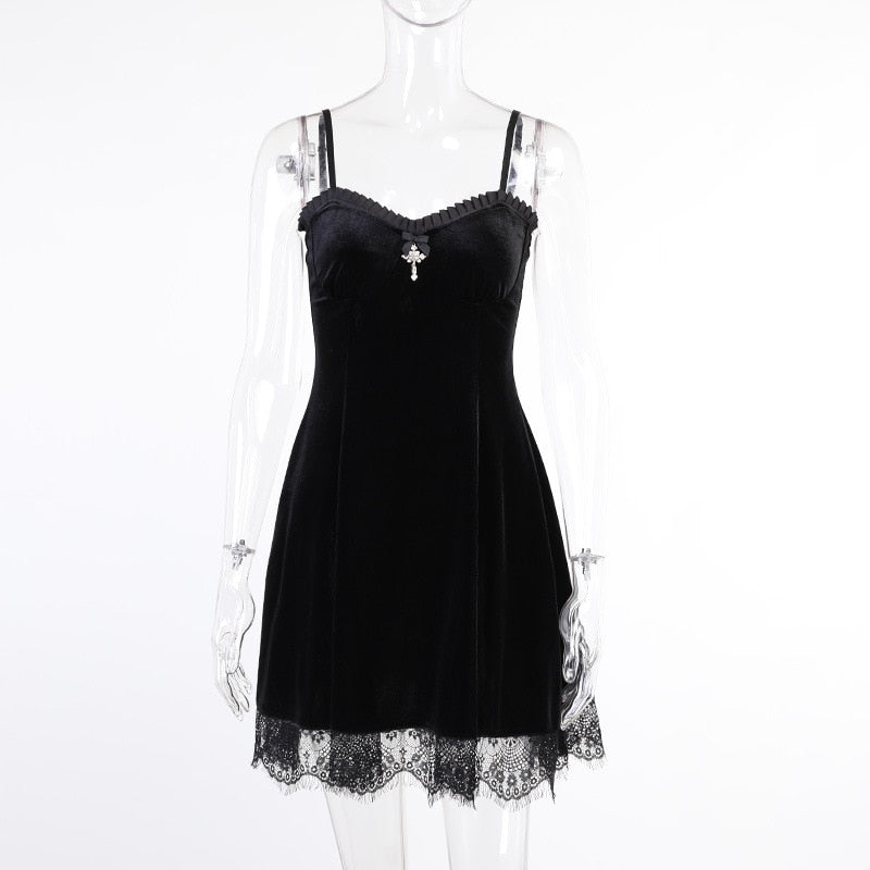 Goth Dark Mall Gothic Vintage Velvet Grunge Mini Dresses Women Punk Lace Trim Alt Clothes Summer Dress Bodycon A-Line Partywear