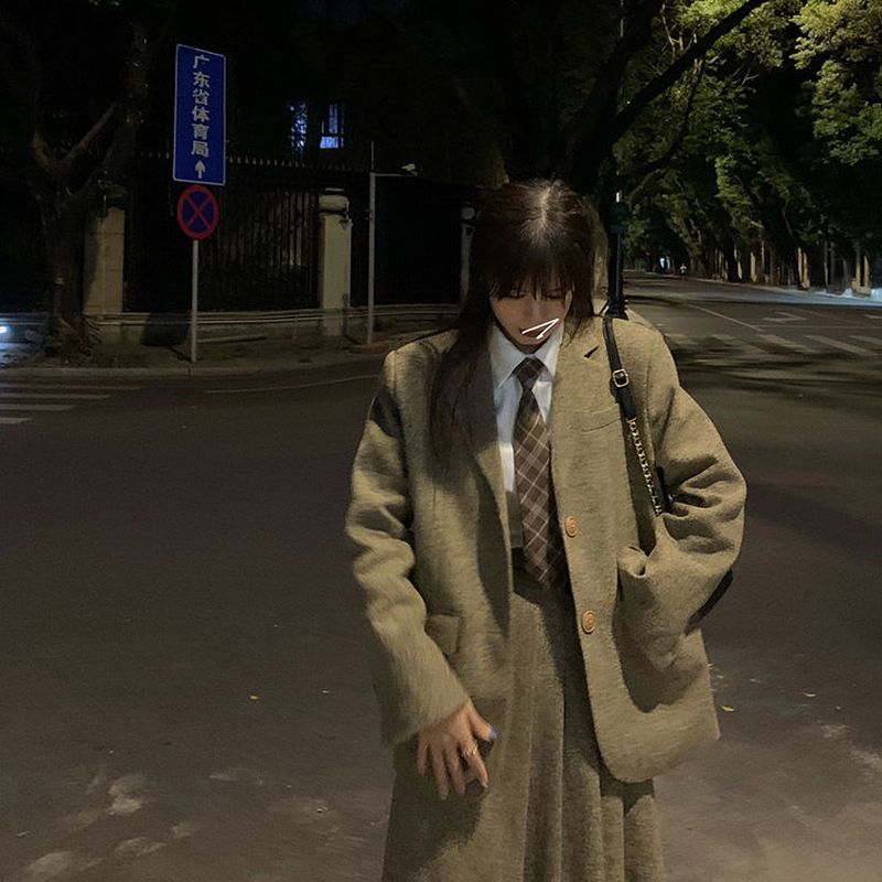 mvrsgreen alt black girl  going out Japanese woolen blazer suit sets women autumn winter coffee coat pleated skirt soft girl preppy Anime high school JK uniforms