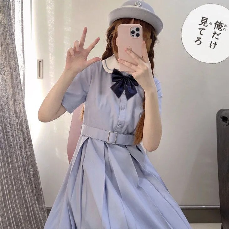 lovwvol Harajuku Sailor Collar Navy Dress Japanese Lolita Sweet Bow-knot Girl Retro Cotton Kawaii Preppy Style Short Sleeve Dress Women