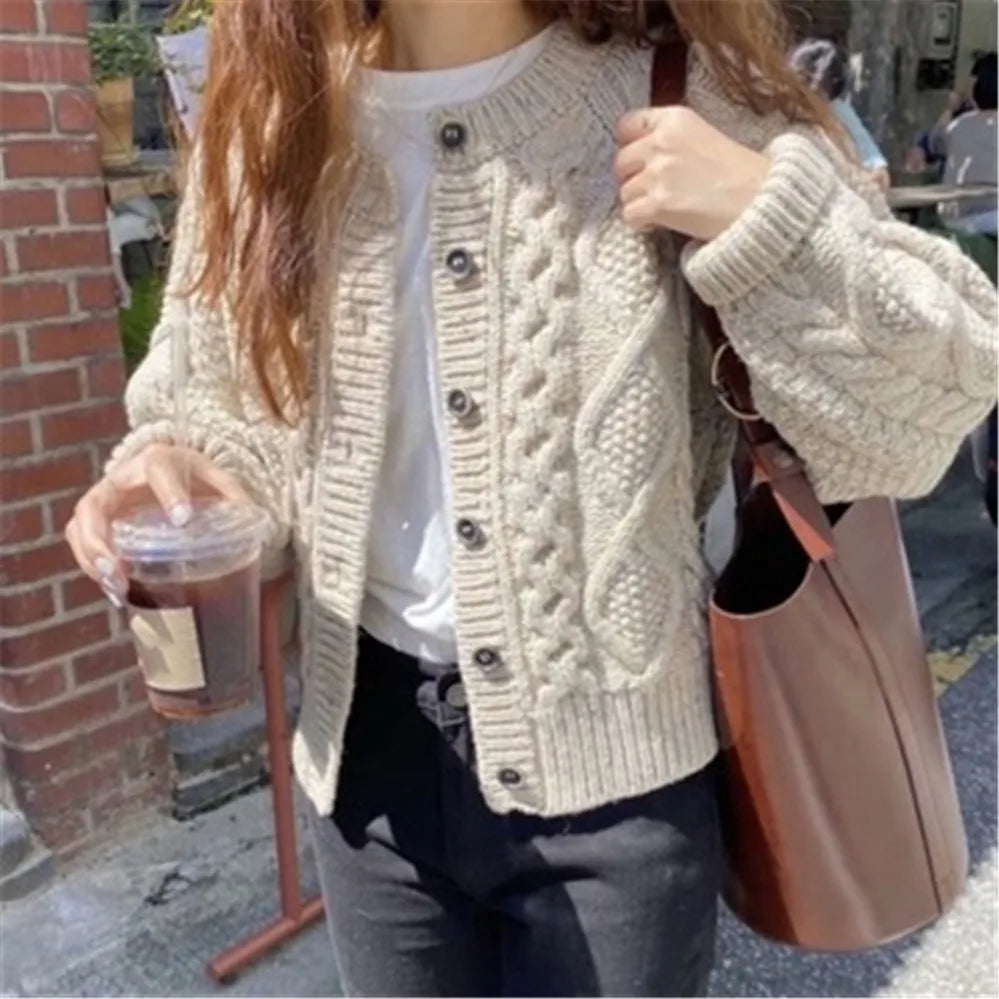 mvrsgreen - Women Knitted Cardigan Sweater Korean Autumn Winter Cardigan Sweater Coat Round Neck Single Breasted Loose Long Sleeve Coat