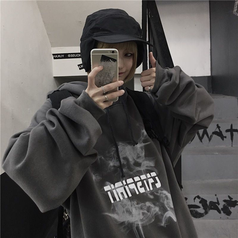 mvrsgreen alt black girl going out classic style women edgy style church outfit brunch outfit cute spring outfits Hooded Autumn Winter Korean Version Ins Dark Printing Loose Lazy Style Plus Velvet Long-sleeved Sweater Academy Couple Tide