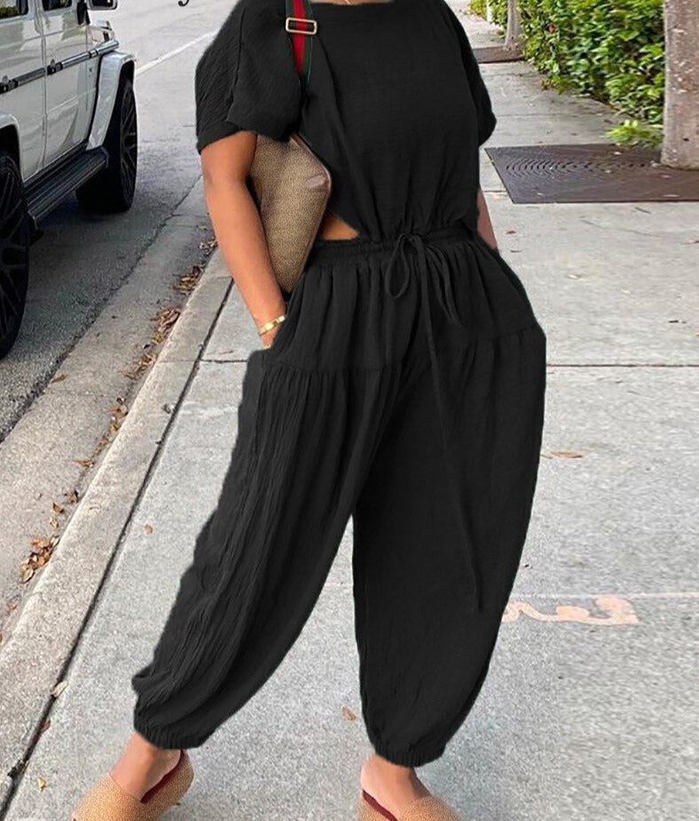 mvrsgreen alt black girl going out?classic style women edgy style church outfit brunch outfit cute spring outfits Women Short Sleeve Top and Pocket Design Drawstring Harem Pants 2pcs Set