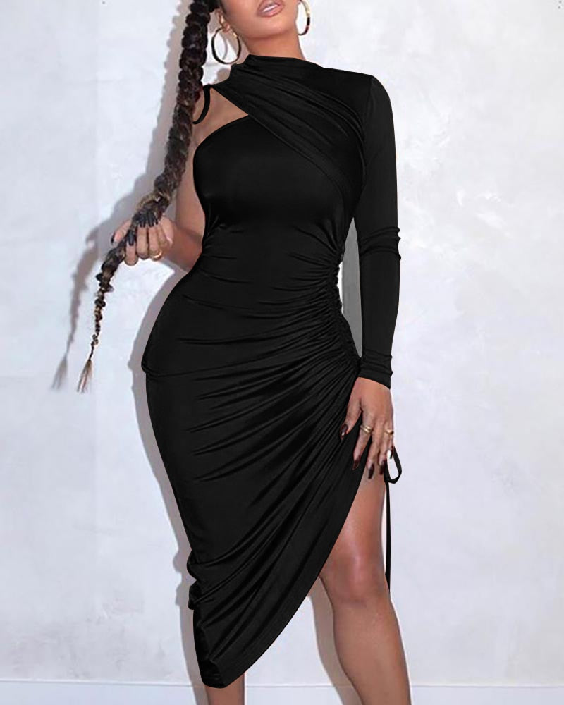 Sexy One Shoulder Drawstring Ruched Bodycon Dress Women Solid Long Sleeve Mid-calf Night Club Party Dress