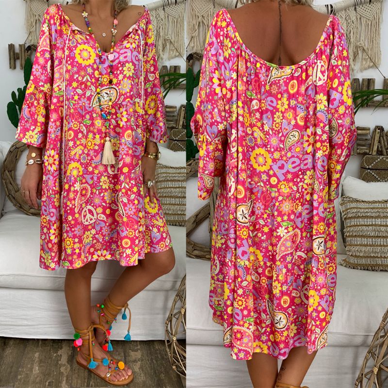 lovwvol Helisopus Summer Plus Size Women Boho Floral Print Dress Casual Loose Deep V Neck Holiday Beach Shirt Dress Vestido