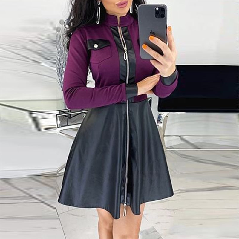 Sexy Stand Collar Print Zipper Long Sleeves Mini Dress Casual Autumn Winter Fashion Pocket Pu Leather Dress Elegant Slim Dresses