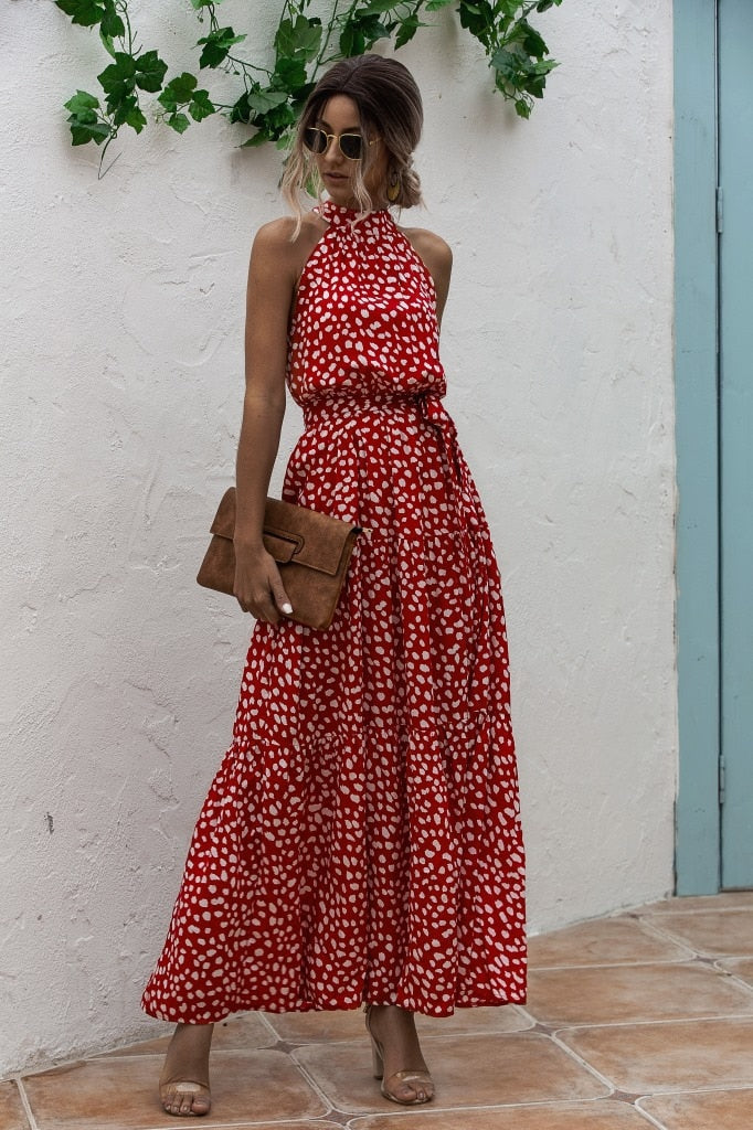 Summer Elegant  beach Women Dress  long Print Flowers Polka-dot strap Ladies Halter boho Dress Vintage party ladies Dress