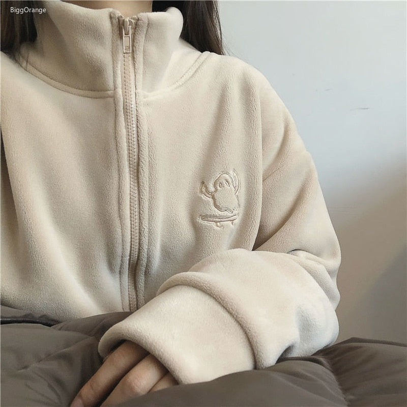 mvrsgreen Casual Fleece Thick Hoodies Women Jacket Autumn Winter Korean Fashion Loose Stand Collar Plush Zipper Sweatshirt Outwear Hoodies