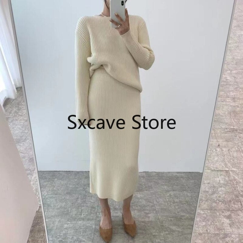 mvrsgreen alt black girl  going out Winter 2 Piece Dress Set Women Elegant Knitted Suits Sweater Korean Style Solid Pullover + Casual Midi Dress Tracksuits