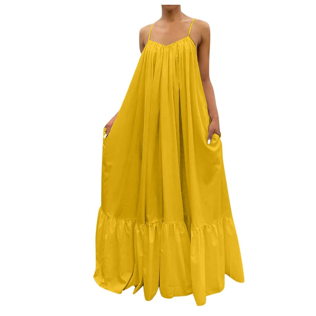 lovwvol Women Camisole Oversized Fashion Casual Solid Maxi Dresses Strap Dress Pocket Loose Backless Big Swing Solid Floor-length Robe