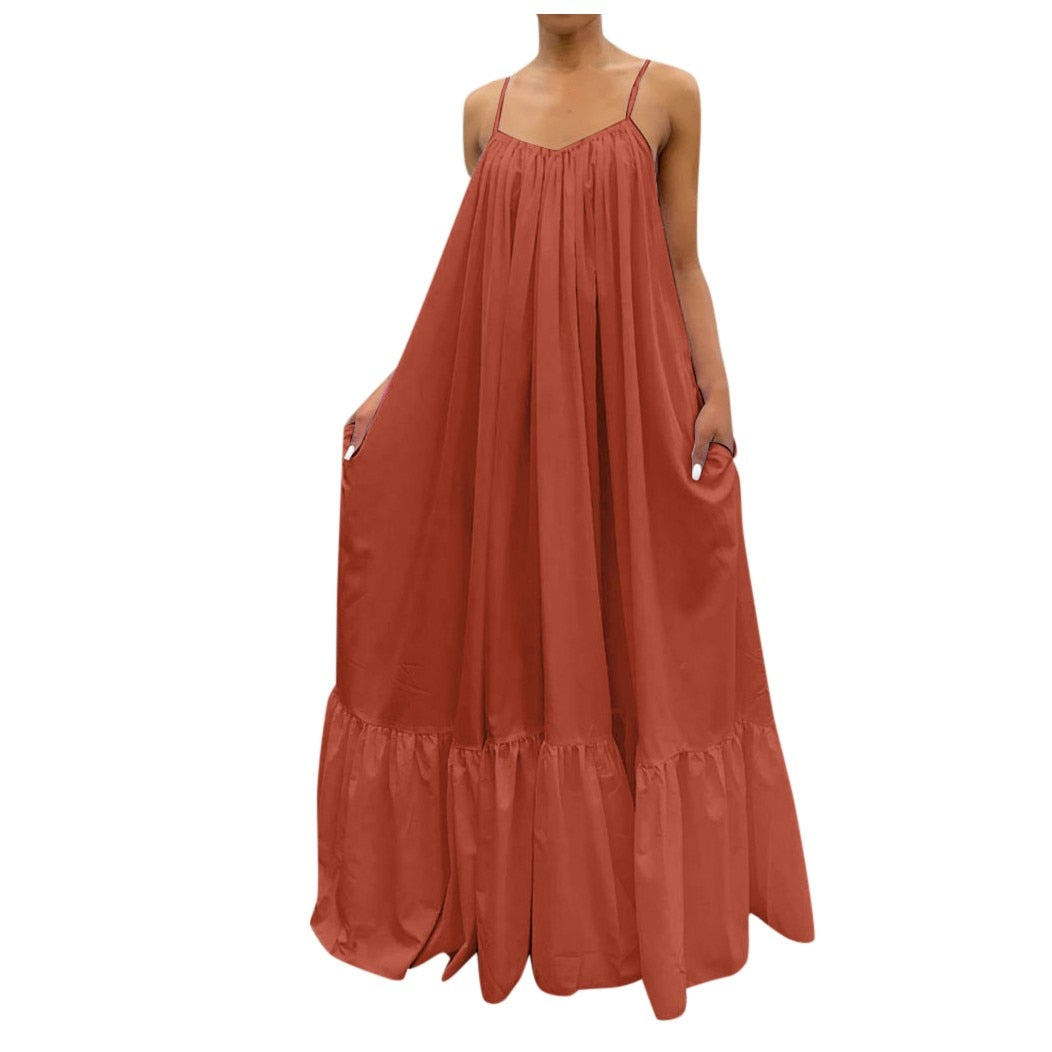 lovwvol Women Camisole Oversized Fashion Casual Solid Maxi Dresses Strap Dress Pocket Loose Backless Big Swing Solid Floor-length Robe