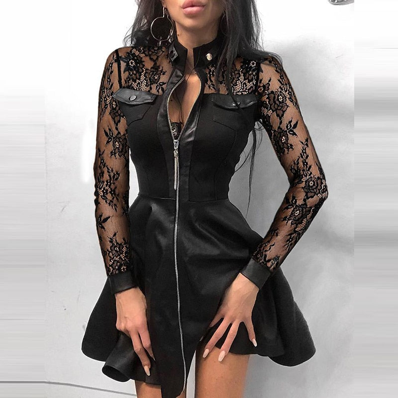 Sexy Stand Collar Print Zipper Long Sleeves Mini Dress Casual Autumn Winter Fashion Pocket Pu Leather Dress Elegant Slim Dresses