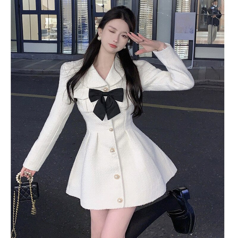 Women Fashion Spring Fall Long Sleeve Woolen Dress Vintage Cute Bow A Line Mini Dress Elegant Lady High Waist Slim Party Dress