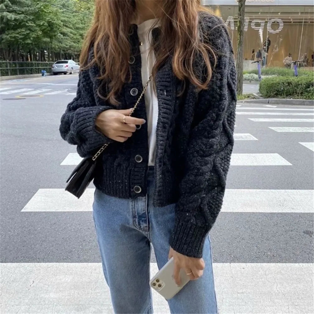 mvrsgreen - Women Knitted Cardigan Sweater Korean Autumn Winter Cardigan Sweater Coat Round Neck Single Breasted Loose Long Sleeve Coat