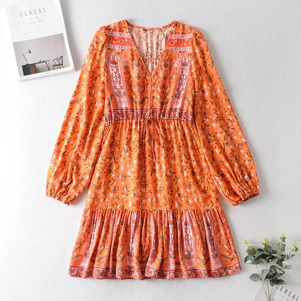 mvrsgreen alt black girl going out classic style women edgy style church outfit brunch outfit cute spring outfitsBohemia V neck Location Floral Print BOHO Long Sleeve Short Dress Orange Woman Adjustable Lacing up Waist Holiday Dresses