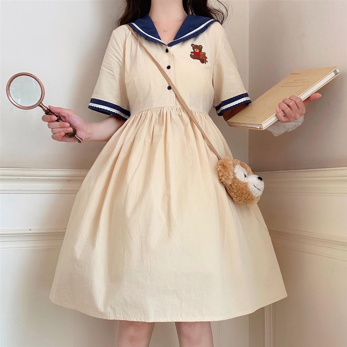 lovwvol Harajuku Sailor Collar Navy Dress Japanese Lolita Sweet Bow-knot Girl Retro Cotton Kawaii Preppy Style Short Sleeve Dress Women