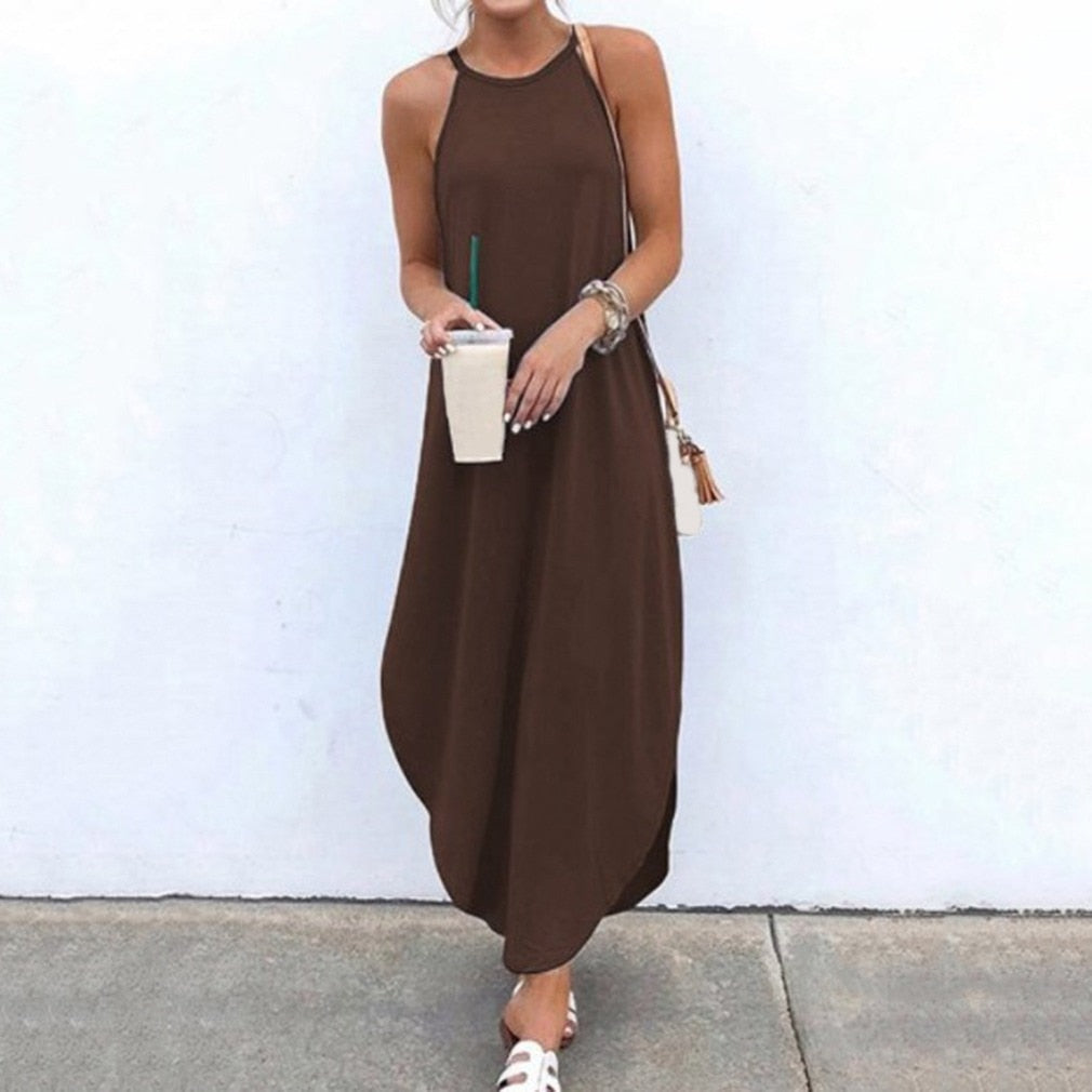 Women Dress Summer Casual Sleeveless Halter Solid Beach Long Dress Round Neck Sling Fashion Beach Clothes Plus Size 5XL