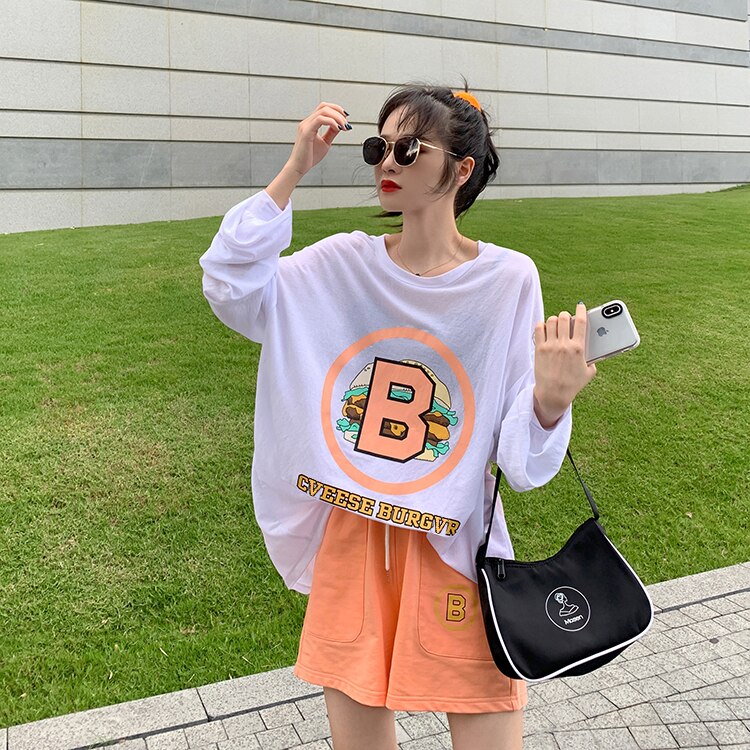 mvrsgreen alt black girl going out classic style women edgy style church outfit brunch outfit cute spring outfits   Casual Women Tracksuit Two Piece Set Oversize Long Sleeve T-shirt And Shorts Sports Wear Outfit Set Summer Sport Suit