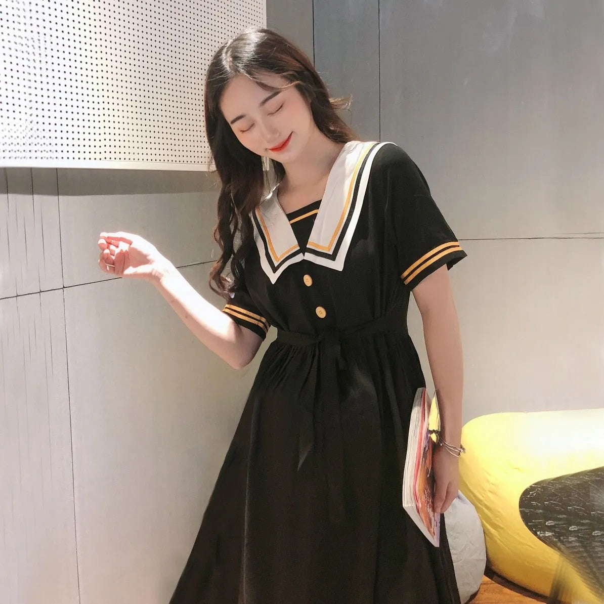 lovwvol Harajuku Sailor Collar Navy Dress Japanese Lolita Sweet Bow-knot Girl Retro Cotton Kawaii Preppy Style Short Sleeve Dress Women