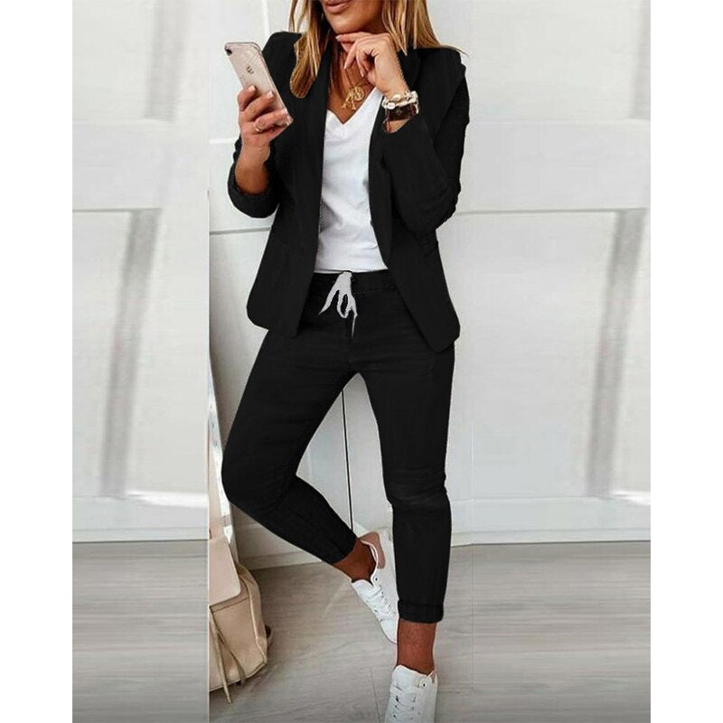 mvrsgreen Valentine's Day Office Lady Black Solid Lapel Neck Blazer Coat Jacket & Drawstring Ankle Length Pants 2 Piece Set Women Autumn Winter Clothes