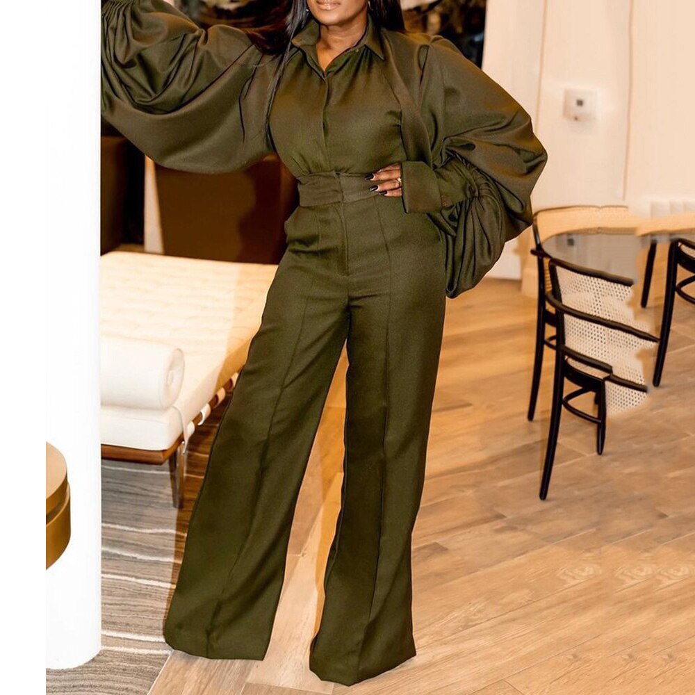 mvrsgreen 2022graduation outfit ideas 90s latina aesthetic freaknik fashion tomboy swaggy going out classic edgy brunch Autumn New Jumpsuits for Ladies Full Lantern Sleeve High Waisted Turn Down Collar Fashion Elegant Long Rompers & Jumpsuits Hot