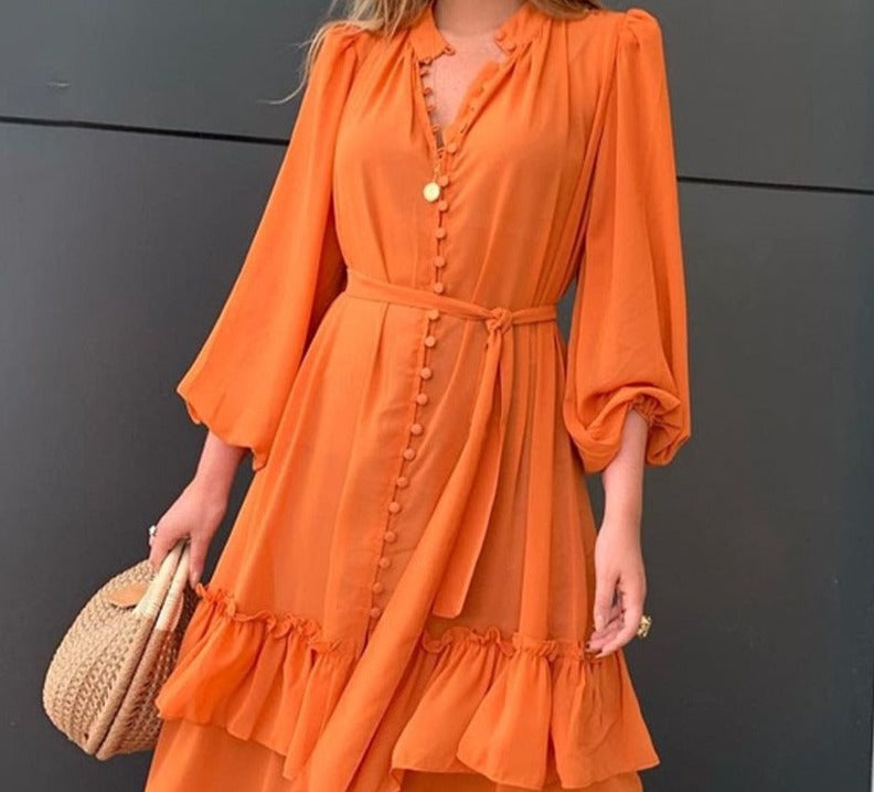 mvrsgreen alt black girl going out classic style women edgy style brunch outfit cute springValentine's Day   Women Ruffles Frill Hem Lantern Sleeve Button Front Dress Casual Dress Summer Dress