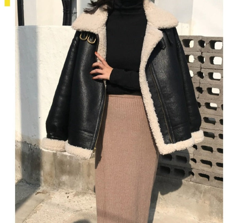 mvrsgreen Winter Lamb Fur Leather Short Jacket Woman New Thick Stand Collar Motorcycle Bomber Faux Sheepskin Lambswool Pu Coat