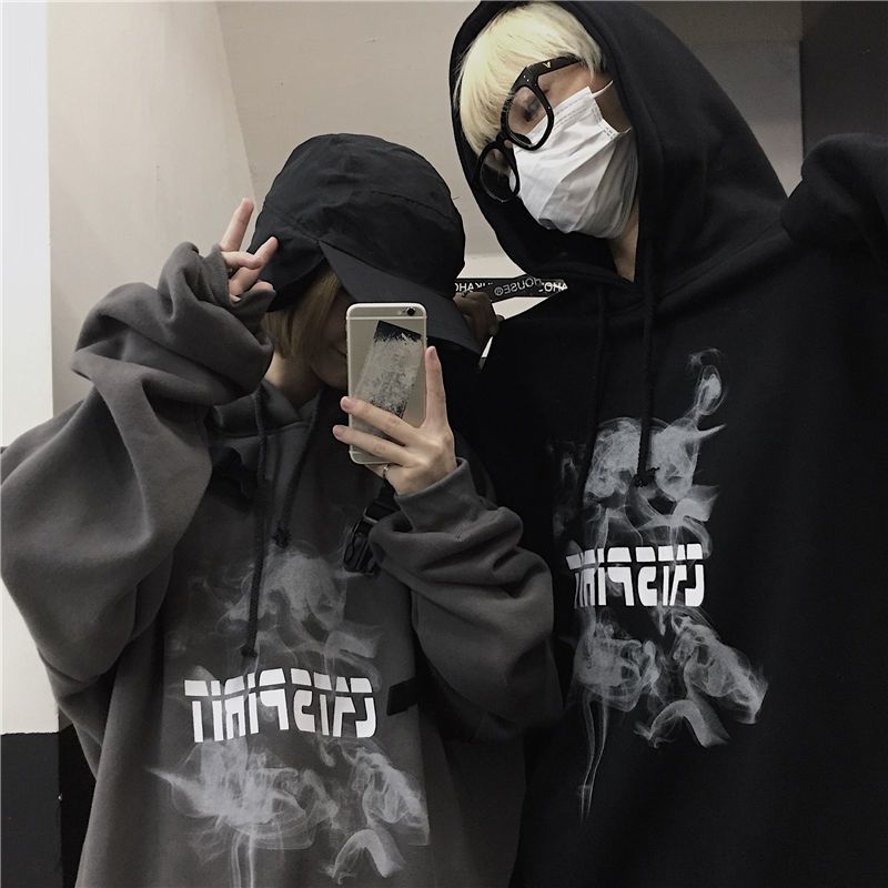 mvrsgreen alt black girl going out classic style women edgy style church outfit brunch outfit cute spring outfits Hooded Autumn Winter Korean Version Ins Dark Printing Loose Lazy Style Plus Velvet Long-sleeved Sweater Academy Couple Tide