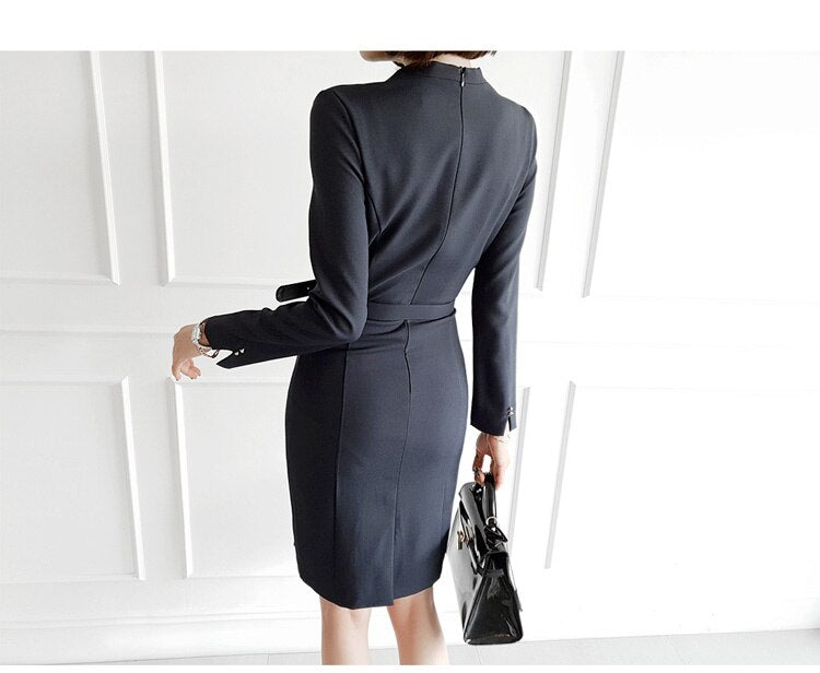 mvrsgreen  Women Elegant Office Lady Commuting Suit Dress With Belt Autumn Full Sleeve Dress Knee-Length Fashion Vestidos