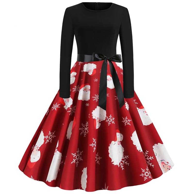 Winter Christmas Dresses Women 50S 60S Vintage Robe Swing Pinup Elegant Party Dress Long Sleeve Casual Plus Size Print Black