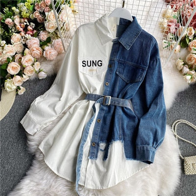 Women's Blouse Autumn Long Sleeve Shirt Tops Jeans Patchwork Plaid Blouses Elegantes Blusas para mujer Slim Shirt Dress