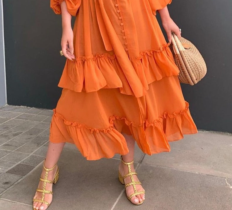 mvrsgreen alt black girl going out classic style women edgy style brunch outfit cute springValentine's Day   Women Ruffles Frill Hem Lantern Sleeve Button Front Dress Casual Dress Summer Dress