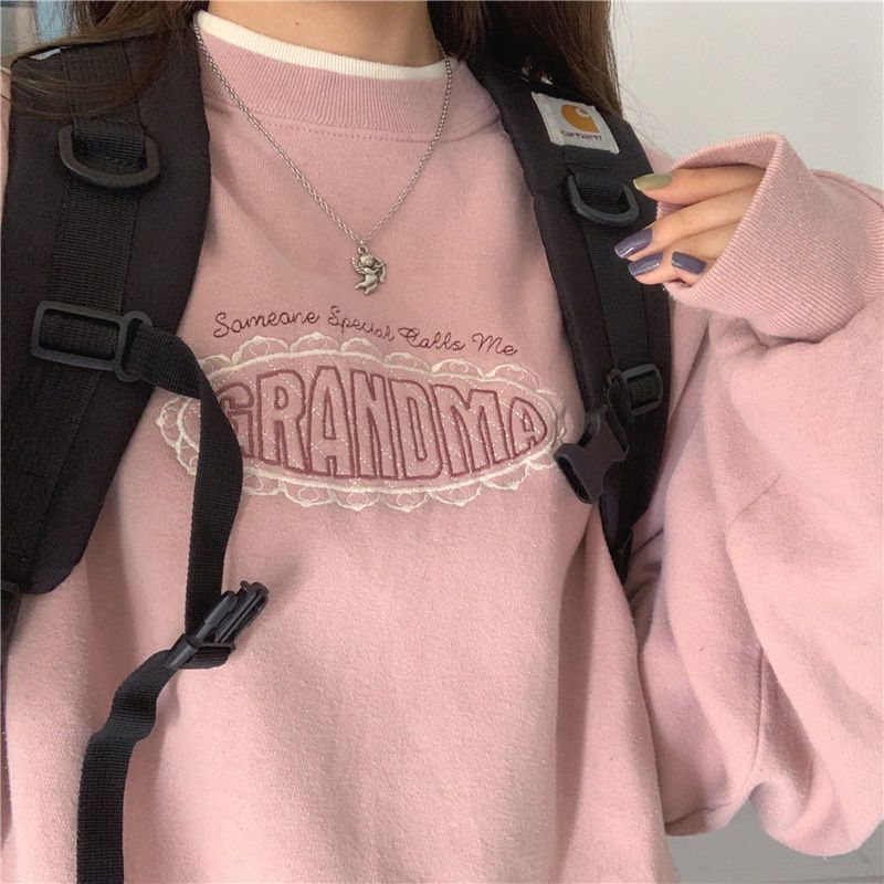 mvrsgreen alt black girl going out classic style women edgy style church outfit brunch outfit cute spring outfits Vintage shirts for women autumn winter Korean retro loose meat pink double collar letter embroidery plus velvet thick sweatshirt