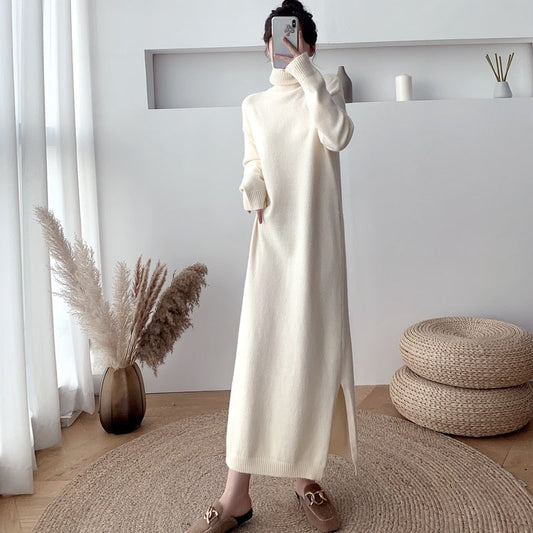 mvrsgreen  Autumn And Winter Long Over-The-Knee Knitted Dress Loose Turtleneck Sweater Skirt For Women