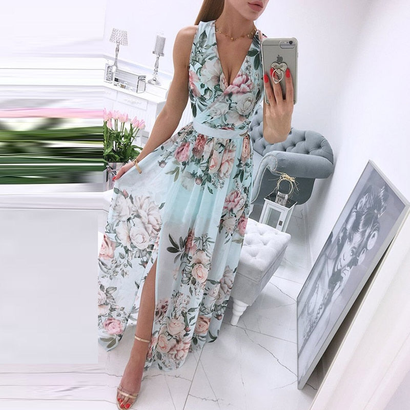 Summer Deep V-Neck Sleeveless Beach Dress Elegant Women Chiffon Split Maxi Party Dress Vintage Floral Print Long Dresses Vestido