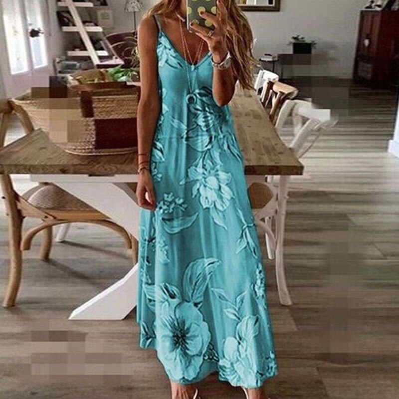 Women Dress Summer Casual Sleeveless Halter Solid Beach Long Dress Round Neck Sling Fashion Beach Clothes Plus Size 5XL