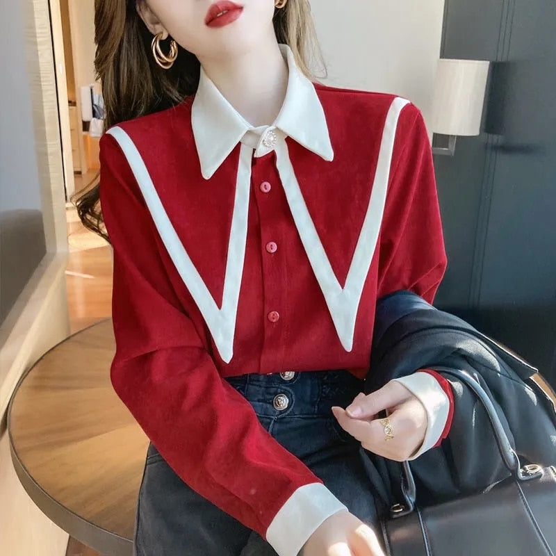 mvrsgreen alt black girl going out?classic style women edgy style church outfit brunch outfit cute spring outfitsRed Button Up Shirt White Sharp Ruffle Turn Down Collar Blouse Women Tops Korean Fashion Clothing Office Lady Work Shirts Blusas